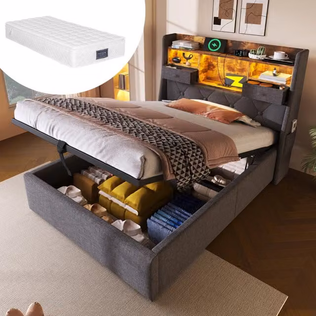 Letto 90x200 cm grigio – LED, contenitore idraulico e ricarica, con materasso