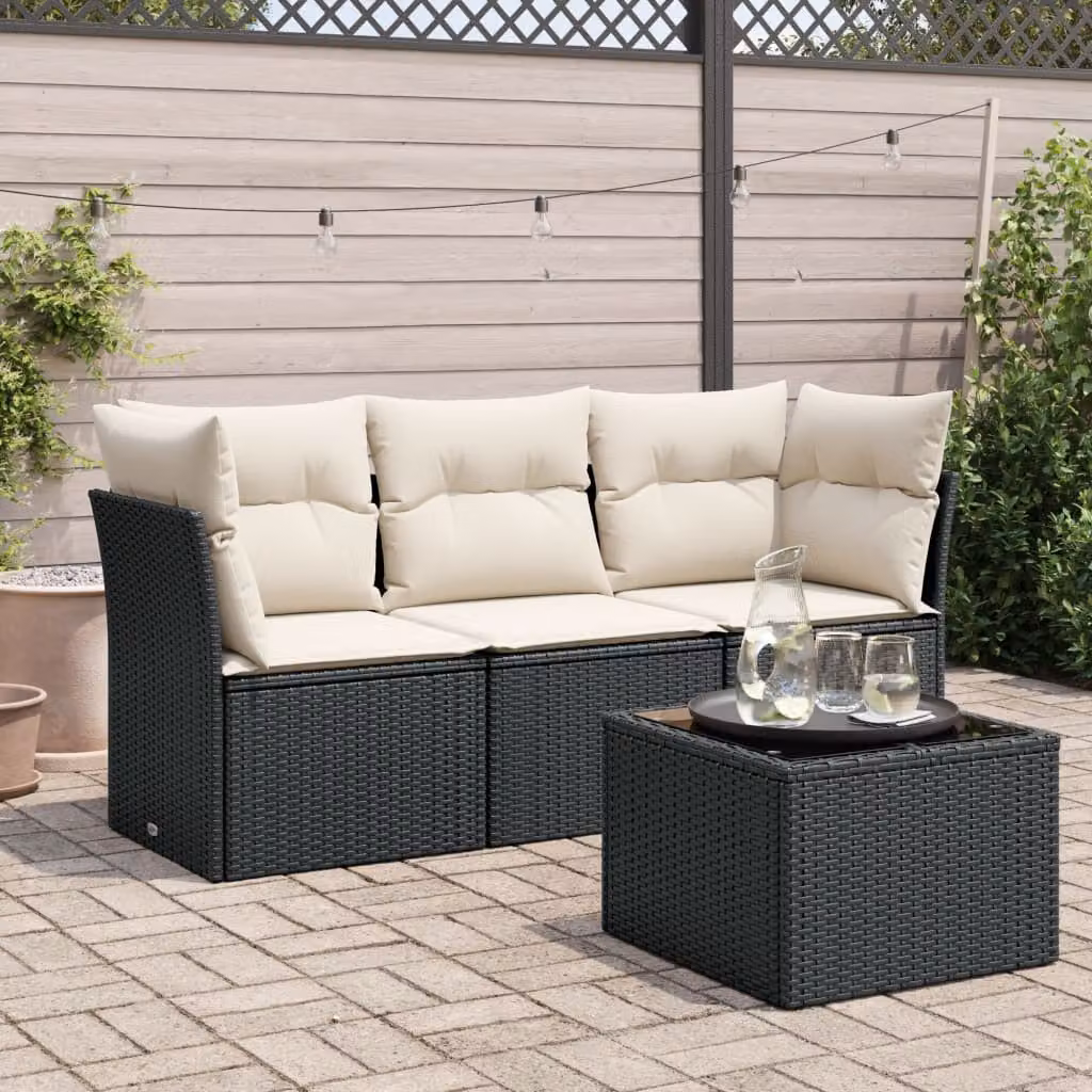 Set di divani da giardino vidaXL 4 pezzi in polyrattan nero con cuscini e tavolino da esterno – 1