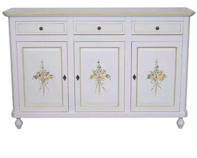 Credenza in legno 3 ante bianca con decorazioni floreali verdi stile shabby chic Mobili 2G L: 150 cm, P: 45 cm, H: 98 cm