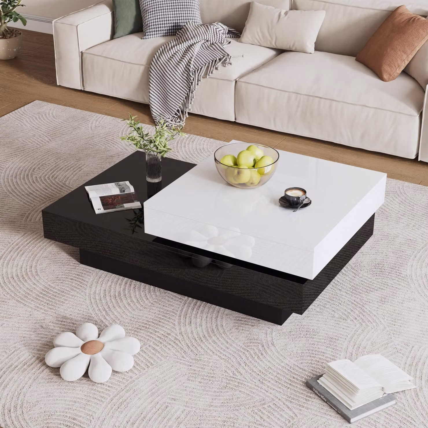 Tavolino da salotto moderno con piano rotante lucido e 2 ripiani, Bianco e Nero, L: 103 cm, P: 60 cm, H: 35,5 cm – 2