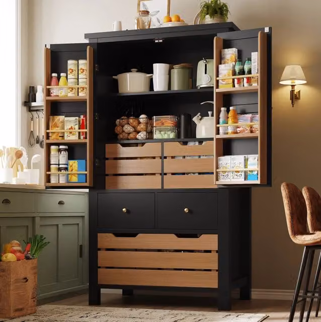 Mobile alto da cucina ULEVR 80x40x140 cm con 2 ante, 5 cassetti e 2 ripiani, nero