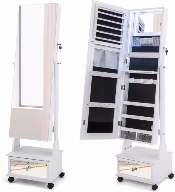 Armadio portagioie Design Mania bianco con luci LED, specchio e serratura, Altezza: 159 cm