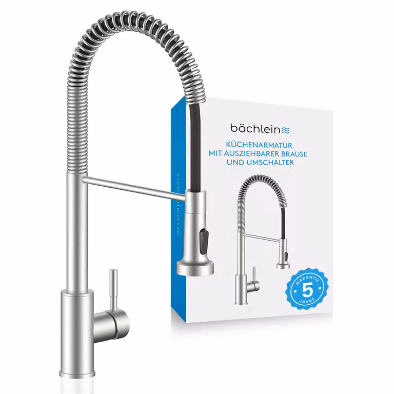 Rubinetto da cucina Bächlein girevole a 360 gradi in acciaio inox spazzolato - Miscelatore monocomando per lavello in acciaio inox con collo flessibile e getto con pulsante deviatore, rubinetto da cucina