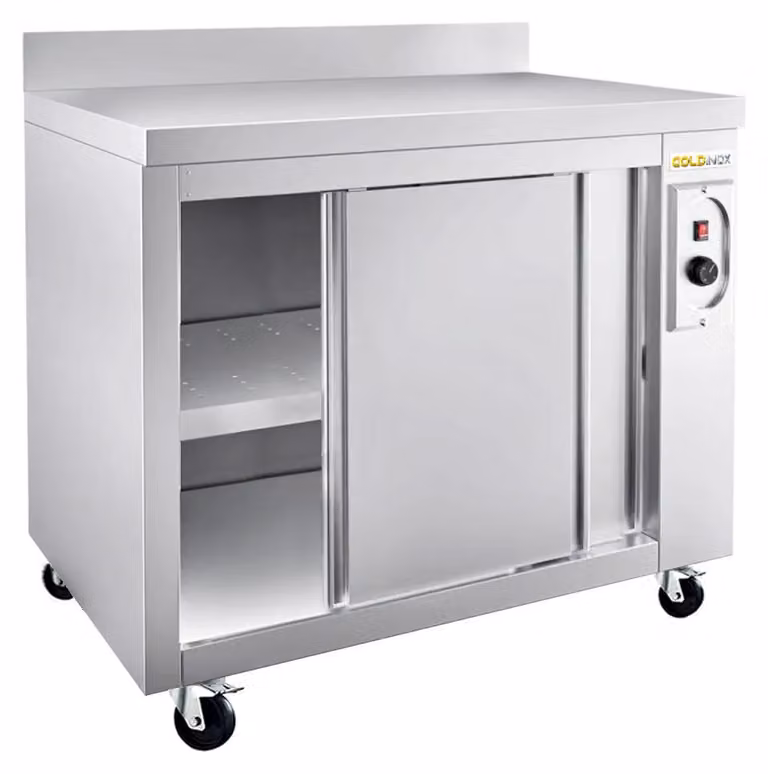Mobile riscaldato in acciaio inossidabile, dimensioni 1200x600 mm, con base su ruote, modello PREMIUM - GOLDINOX