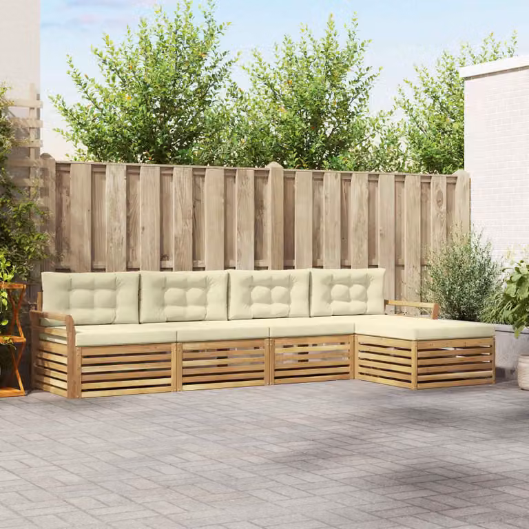 Set di divani da esterno vidaXL a forma di L in legno di acacia con pouf e cuscini, Bianco e Beige