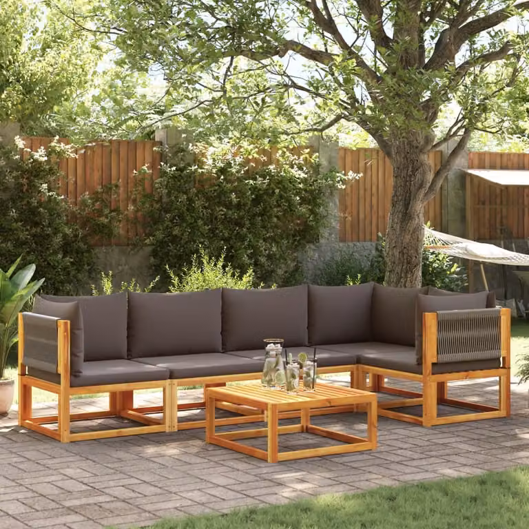 Set di divani da giardino vidaXL 6 pezzi in legno di acacia con cuscini e tavolino da esterno, composizione a L con corda, colore marrone e grigio