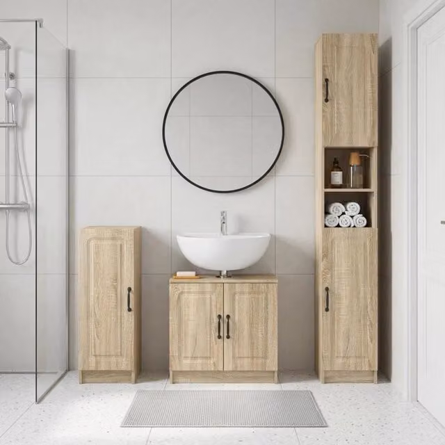 Set di mobili da bagno moderni vidaXL in legno marrone composto da base lavabo e armadietti a muro – 1
