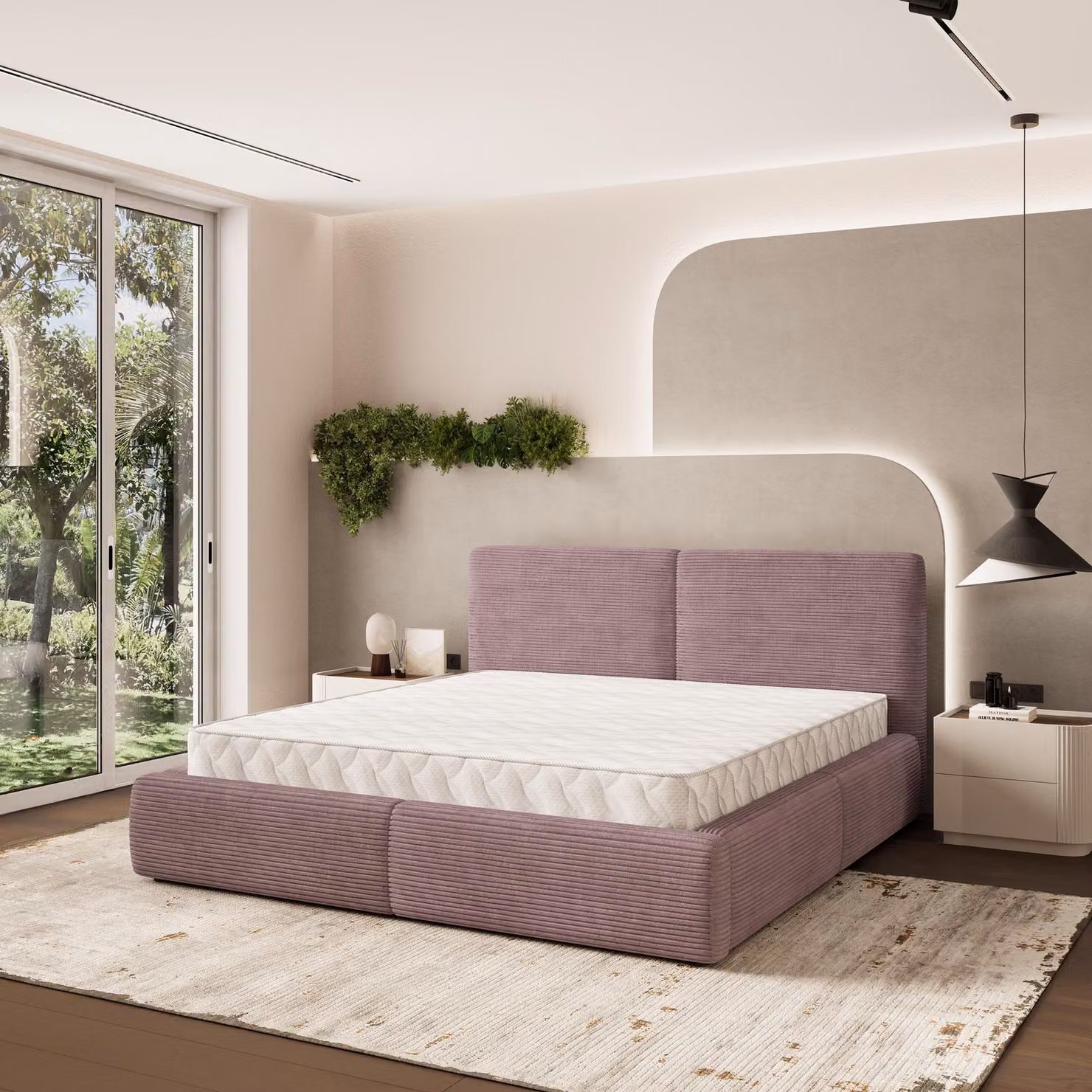Letto imbottito Masseno FELURO P 120x200 cm, letto imbottito con cassetti - Viola, POSO 130