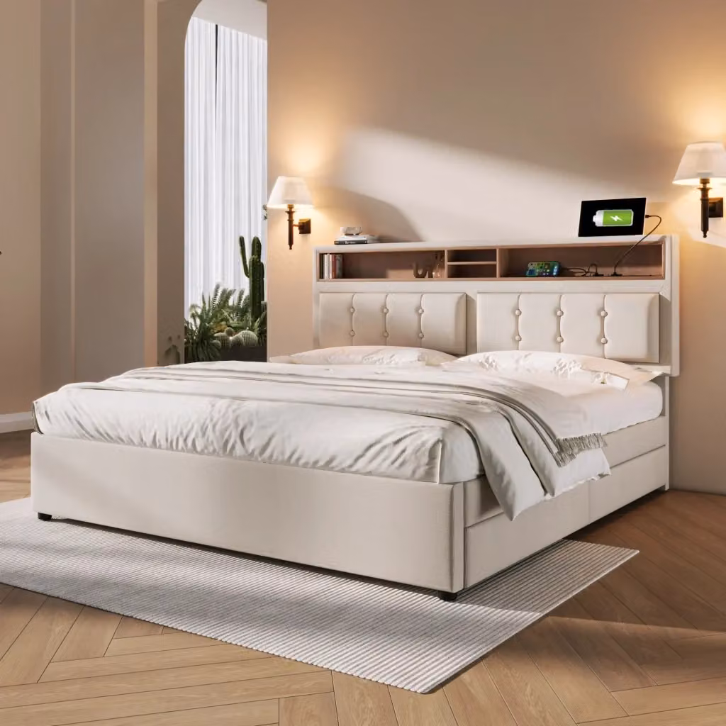 Letto Matrimoniale Moderno con 4 Cassetti e Porte USB/Tipo C, Testiera Regolabile e Ripiani, Colore Beige, L/P/H: 140 x 200 x 104 cm – 2