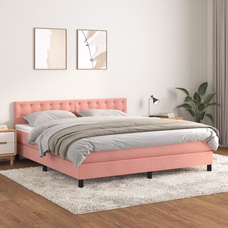 vidaXL Letto con Giroletto a Molle e Materasso Ibrido in Velluto Rosa e Bianco, L: 180 cm, P: 200 cm, H: 203 cm