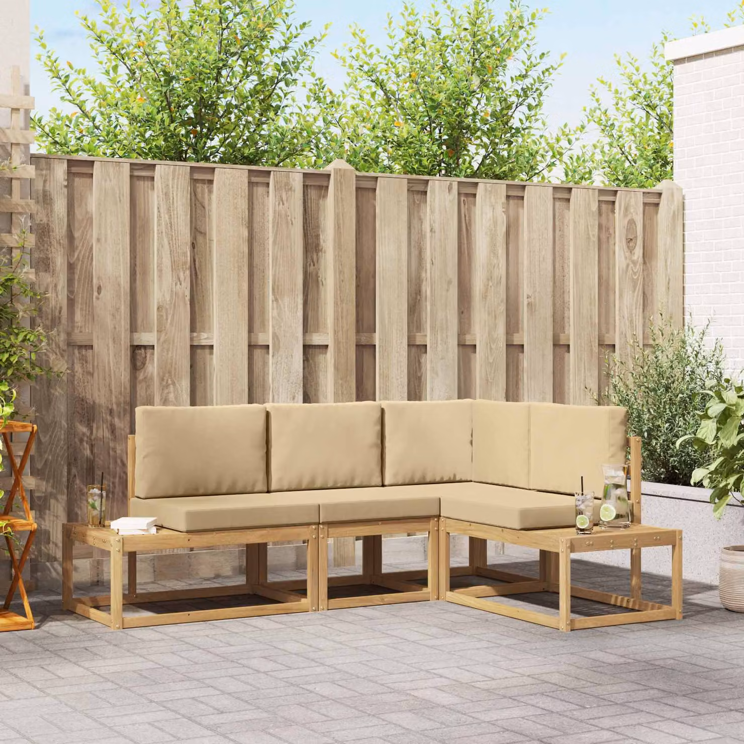 Set di divani da esterno a L vidaXL in legno di acacia con cuscini, Bianco, Beige e Marrone