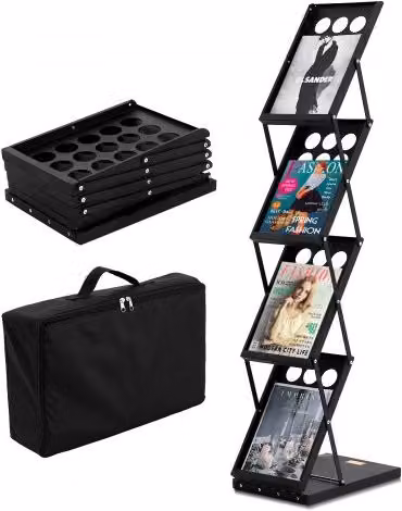 Espositore per riviste e brochure VEVOR pieghevole a 4 livelli in metallo nero H: 125 cm, L: 27 cm, P: 36 cm
