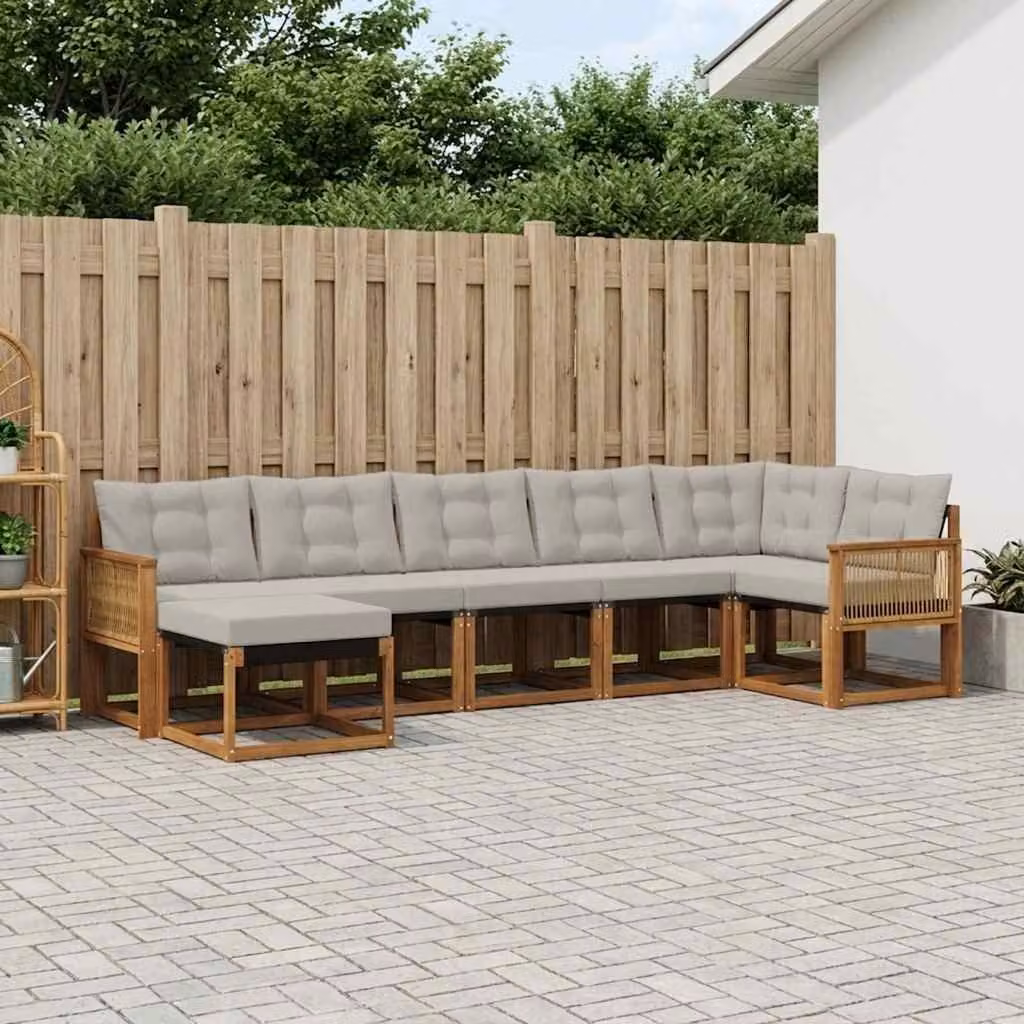 vidaXL Set di divani da esterno a L composto da 7 pezzi in legno di acacia con cuscini in tessuto textilene, colore marrone e grigio chiaro
