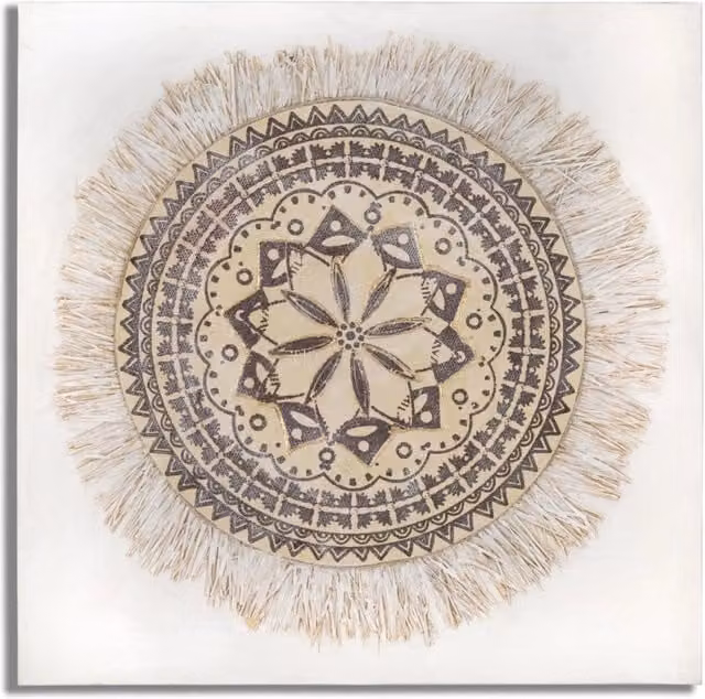 Dipinto su tela Malindi Vikasa Home con mandala etnico, frange in rafia e stile boho, colori bianco, beige e viola, L 100 cm x P 100 cm