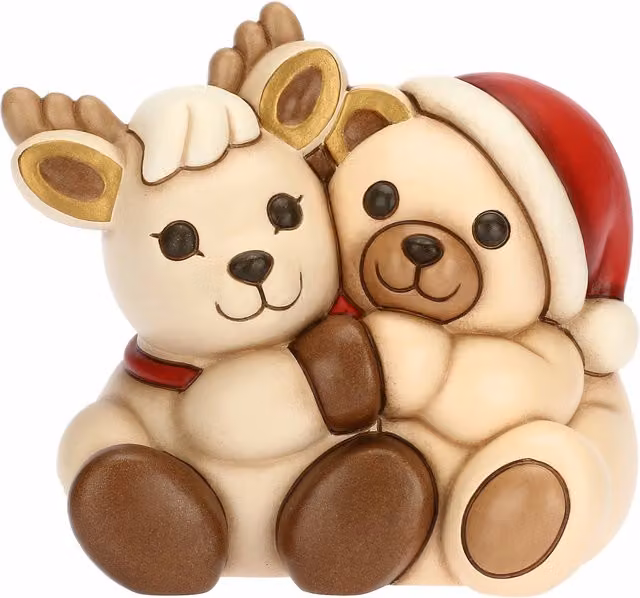Coppia decorativa Thun Teddy e Renna Robin abbracciati in ceramica bianca e multicolore per Natale