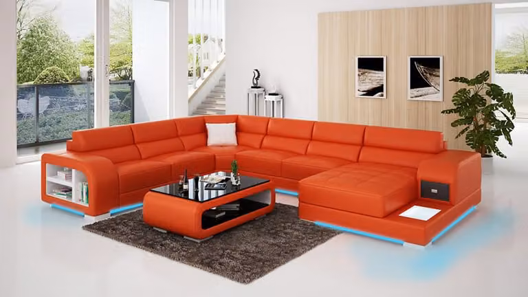 Modern Ledersofa Couch Design Wohnlandschaft Ecksofa Eck Garnitur Sofa Licht USB