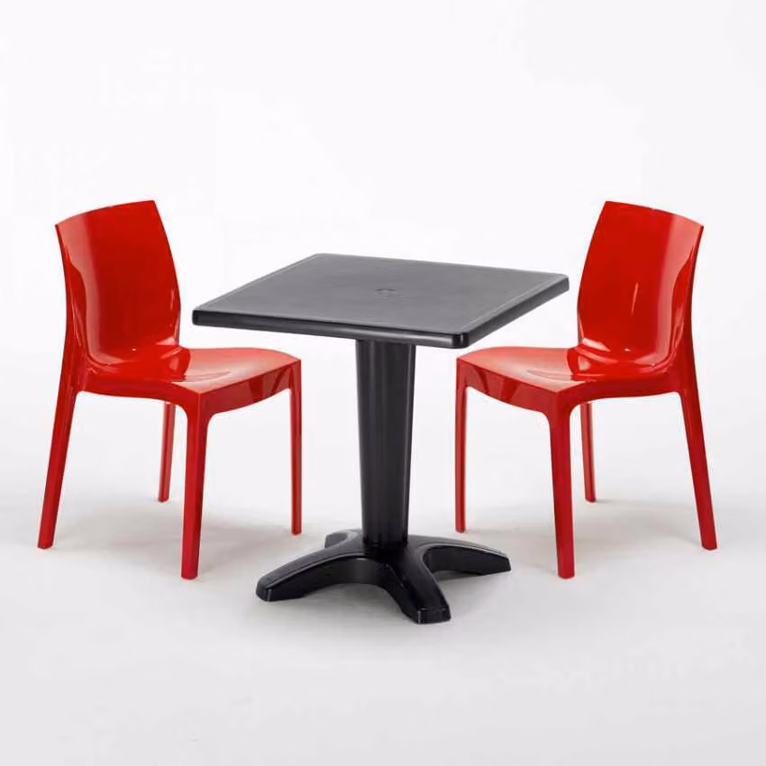 Tavolo quadrato nero e 2 sedie Set di aste per interni in polipropilene colorato Grand Soleil Ice Aia - Rosso