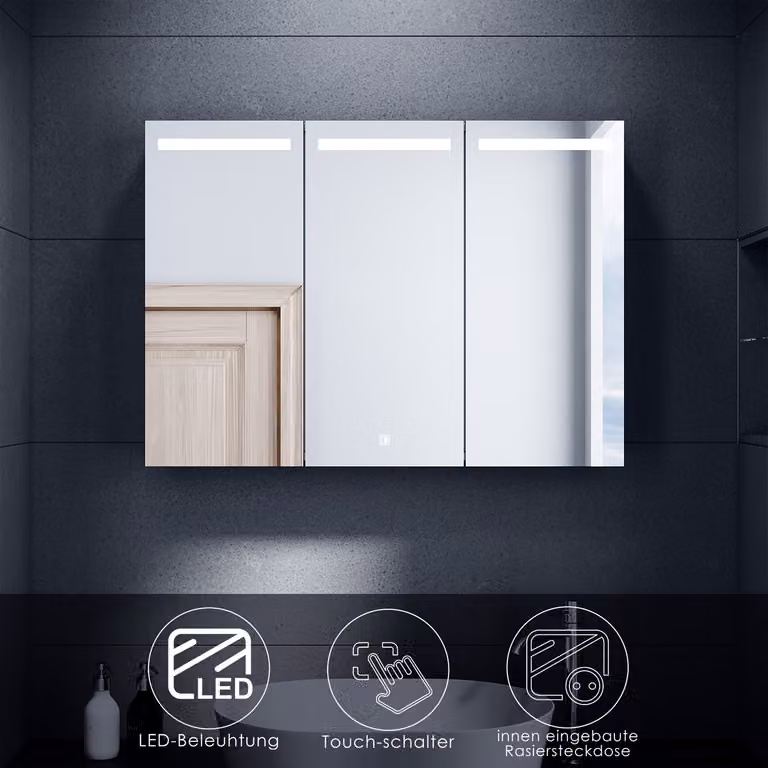 SONNI Armadio a specchio in acciaio inox con illuminazione a LED e presa per rasoio 90x65x13cm Interruttore a sfioramento a 3 ante