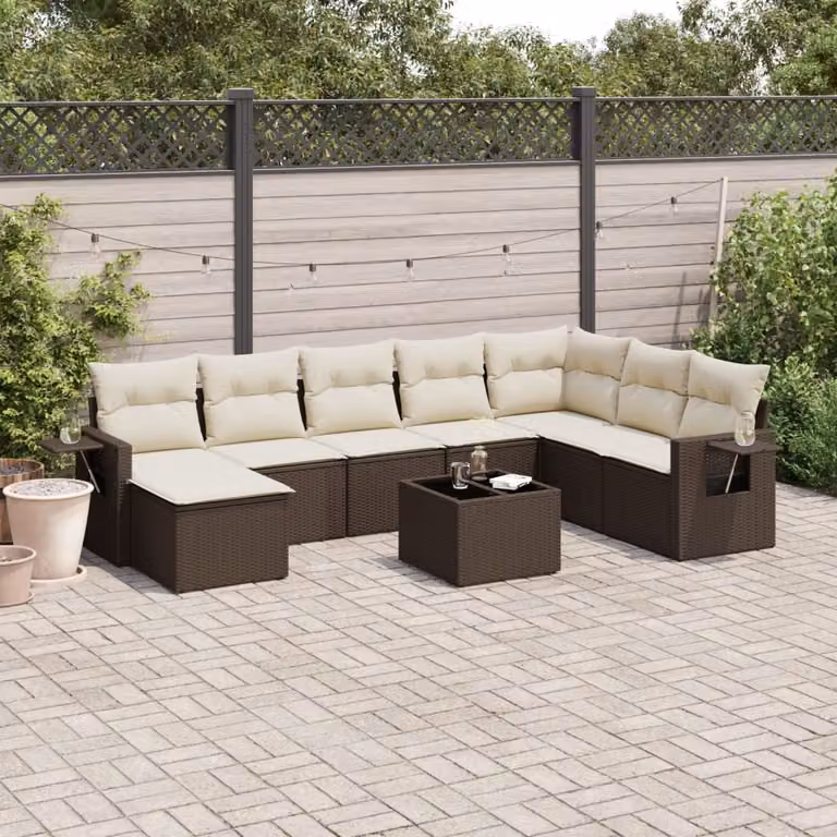 vidaXL Set Divani da Giardino a L in Polyrattan Marrone con Cuscini e Tavolino da Esterno