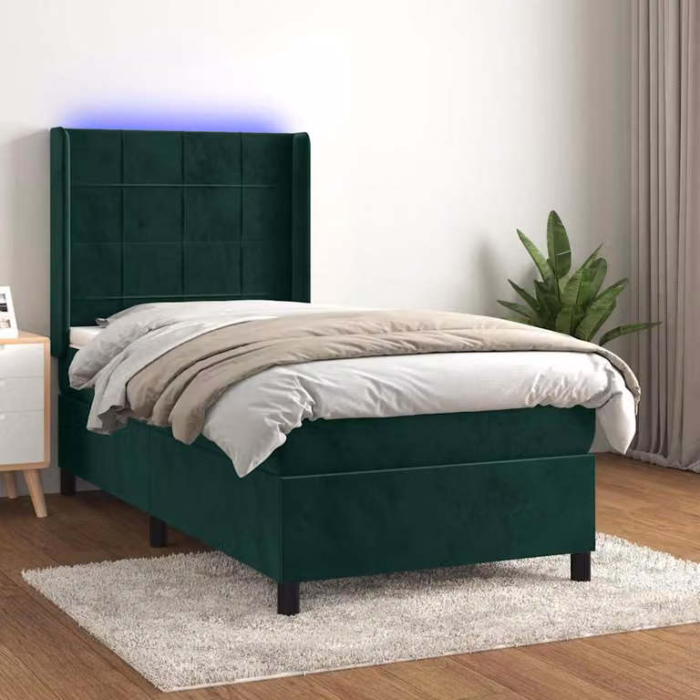 Letto Ibrido con Materasso a Molle Insacchettate e Illuminazione LED vidaXL in Velluto Verde Scuro, L/P: 90 x 190 cm