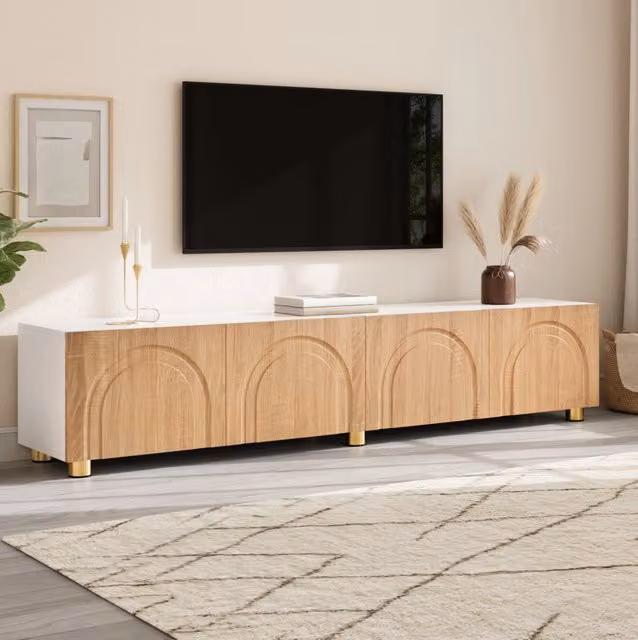 Mobile TV 180x35x40 cm naturale e bianco in MDF e PB - 4 ante con rilievo