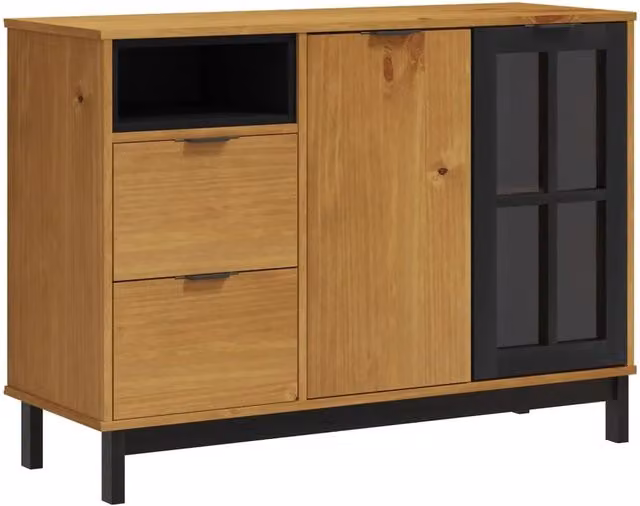 Credenza comò armadio mobile portaoggetti organizzatore cucina soggiorno salotto con anta in vetro FLAm 110 x 40 x 80 cm legno massello di pino marrone 02_0030103