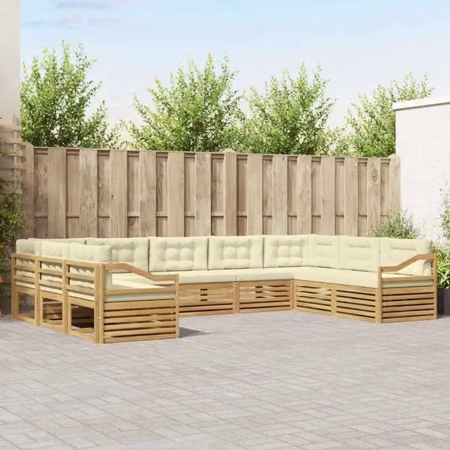 Set di divani da esterno a L vidaXL in legno di acacia con cuscini Bianco e Beige – 1
