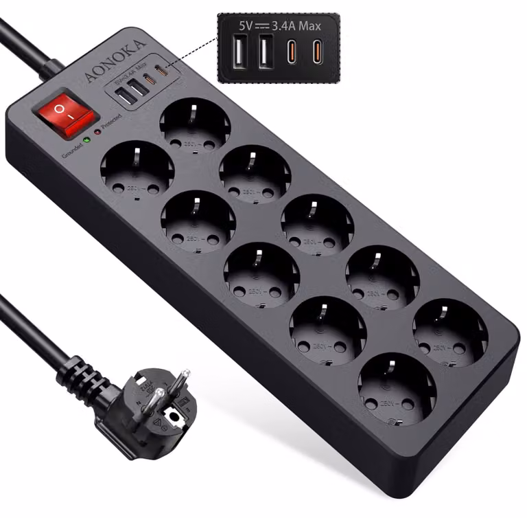 Ciabatta multipresa con interruttore - 10 prese - 2 USB-C e 2 USB-A - Cavo da 1,5 metri - Protezione da sovratensione da 1700 joule