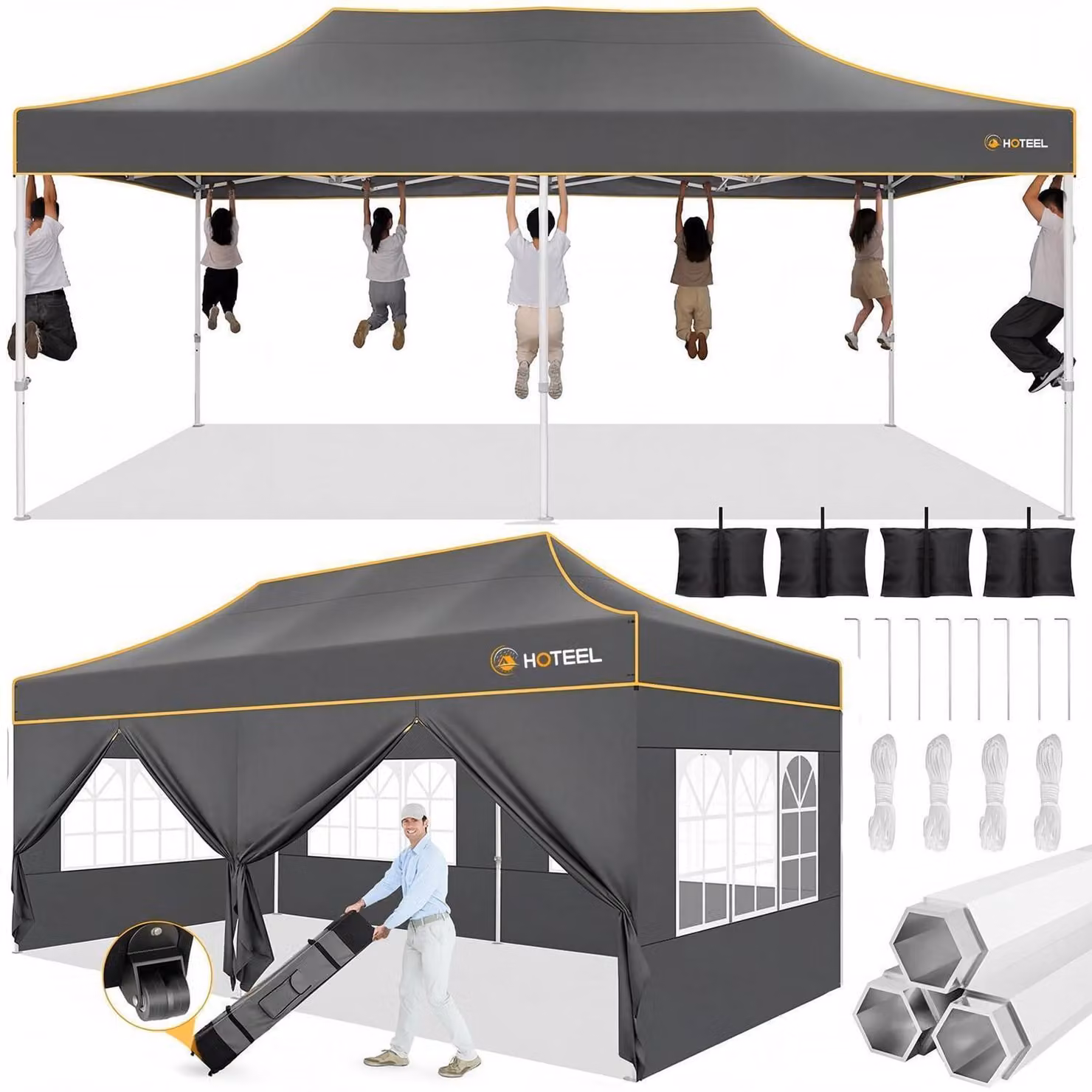 Gazebo da esterno 3x6 metri, grigio, impermeabile, con struttura esagonale stabile, dotato di 6 pannelli laterali con ruote