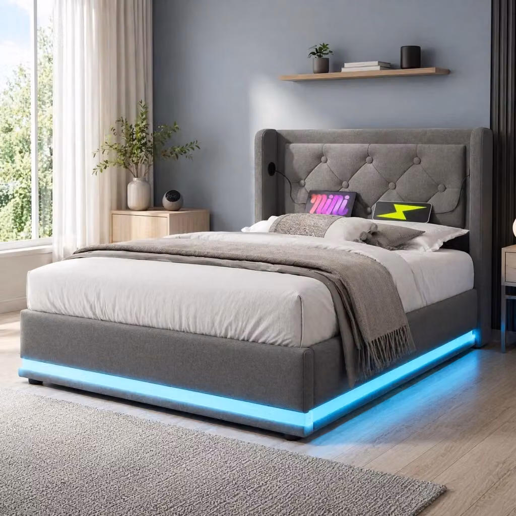 Letto Contenitore Idraulico REDOM in Cotone Grigio con USB e LED L/P/H: 90 x 200 cm – 2