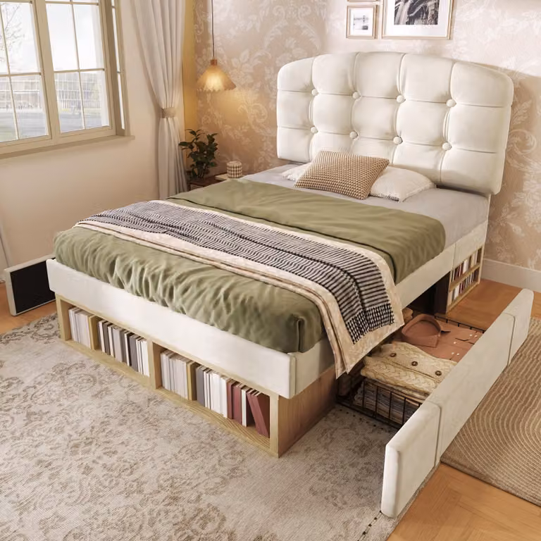 STILVORA Letto singolo 90×200, letto imbottito in velluto con rete a doghe e testiera curva regolabile in altezza, struttura letto con contenitore, letto per ragazzi con cassetti, letto da camera da letto con materasso, beige