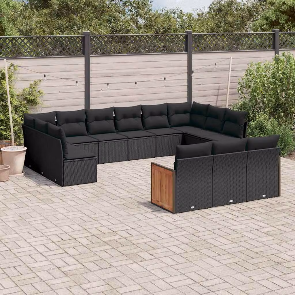 Set di divani da giardino vidaXL in polyrattan nero con cuscini, componibile a forma di U per esterno e terrazza – 1