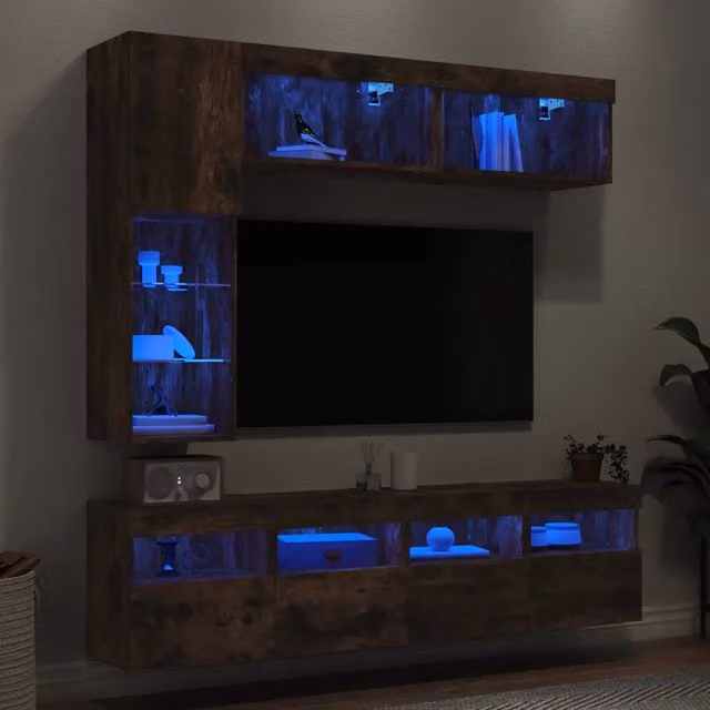 Set di mobili TV da parete vidaXL in 7 pezzi con luci LED integrate, design moderno in rovere color marrone opaco – 1