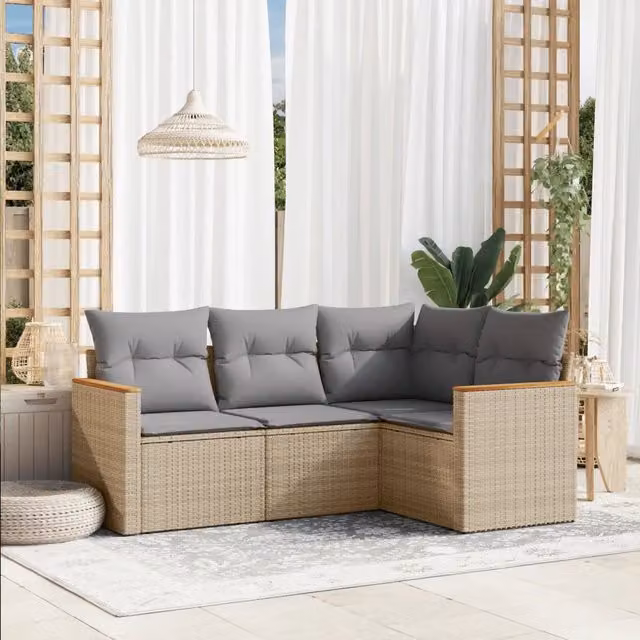 Set Divano da Giardino a L VIDAXL in Polyrattan con Cuscini Beige e Grigio