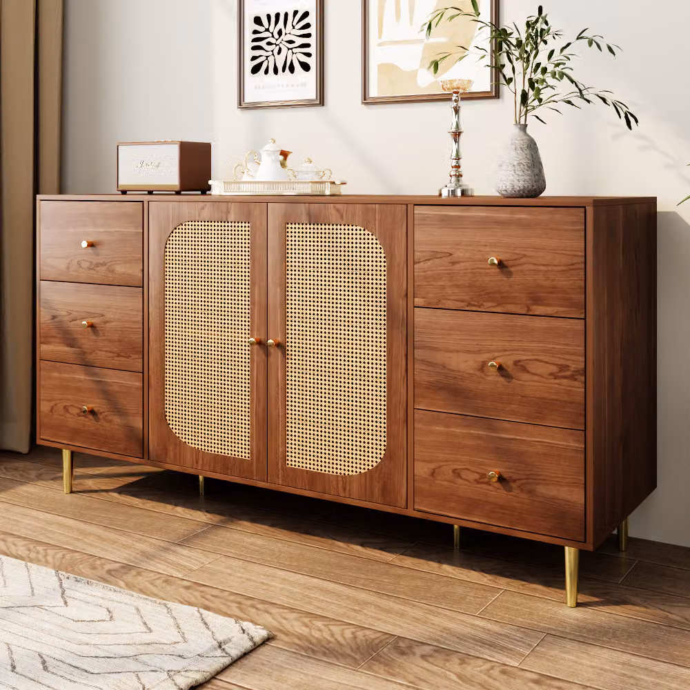 Credenza STILVORA con ante in rattan PE, mobile contenitore con cassetti, mobile ausiliario per cucina, soggiorno e camera da letto, marrone