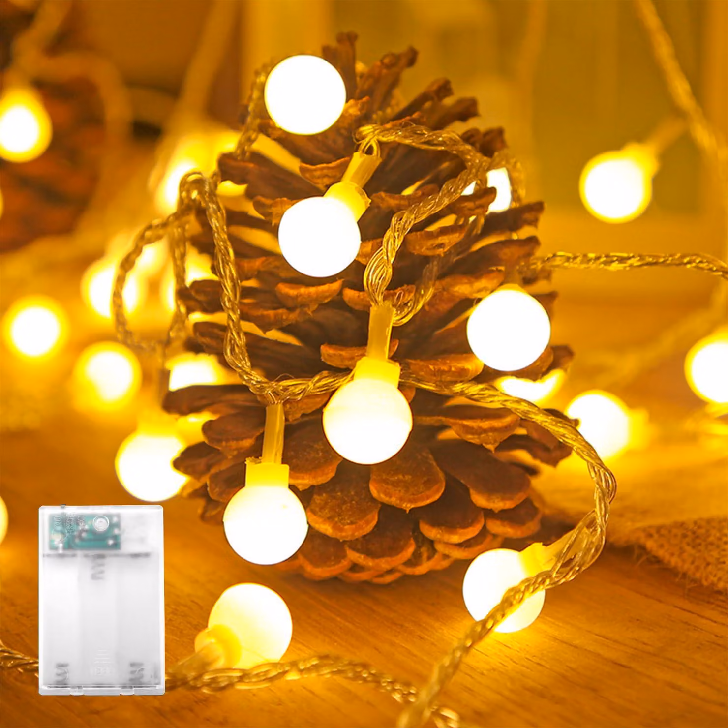 Catena luminosa a LED con 20 palline, lunghezza 3 metri, luce bianco caldo, alimentazione a batteria