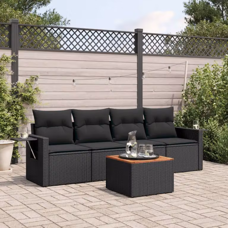 Set di Divani da Giardino vidaXL 5 Pezzi in Polyrattan Nero con Cuscini e Tavolino da Esterno