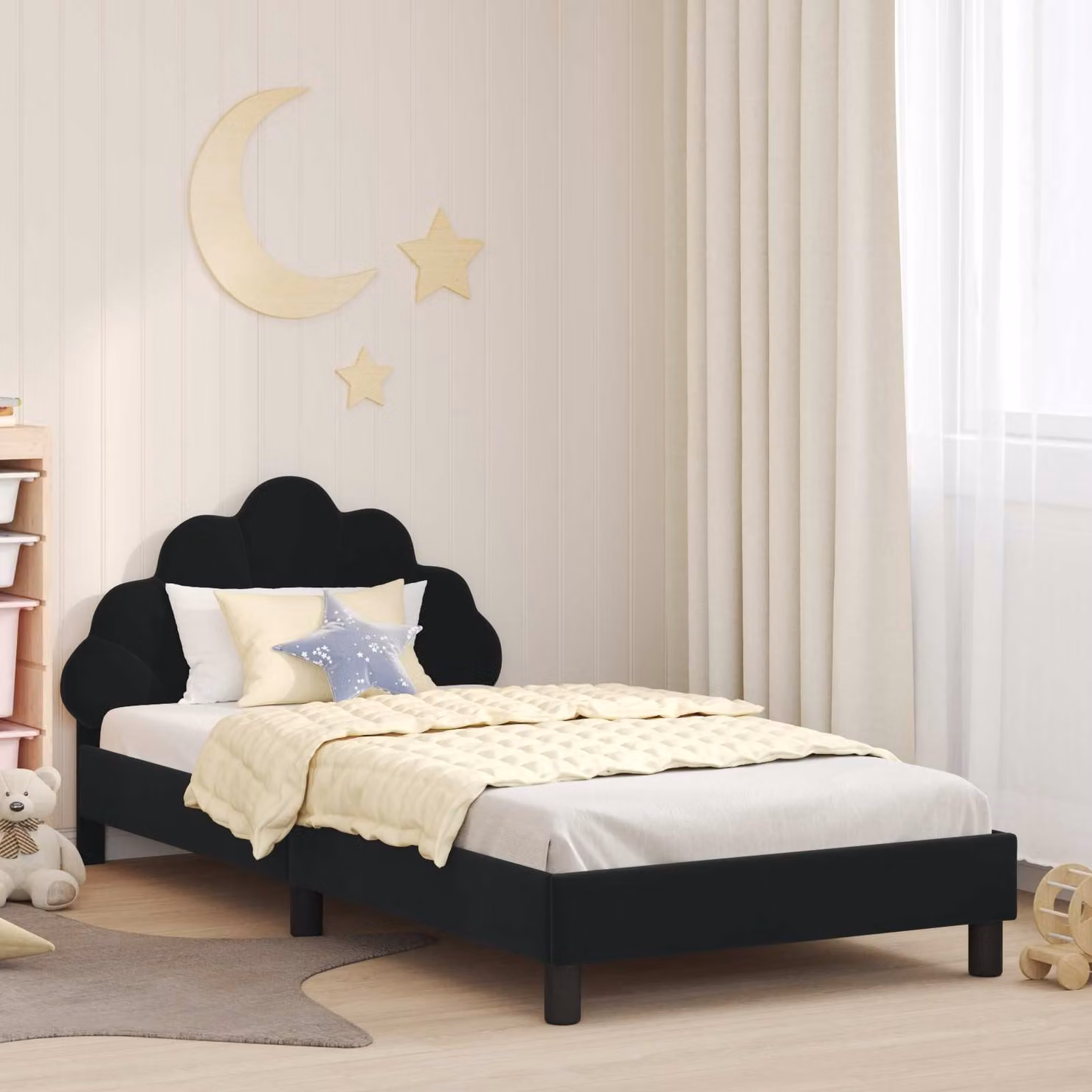 Struttura letto per bambini vidaXL con testata in velluto nero, L/P/H: 90 x 200 x 103 cm