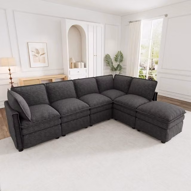 Divano modulare L WISHDOR grigio con funzione letto e pouf coordinato, design moderno in tessuto