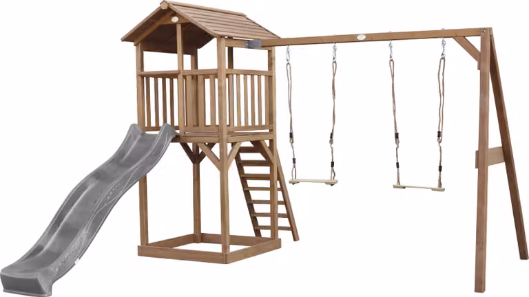 AXI Beach Tower parco giochi in legno in marrone | Torre di gioco con sabbiera, doppia altalena e scivolo grigio | Casa per bambini su palafitte per il giardino