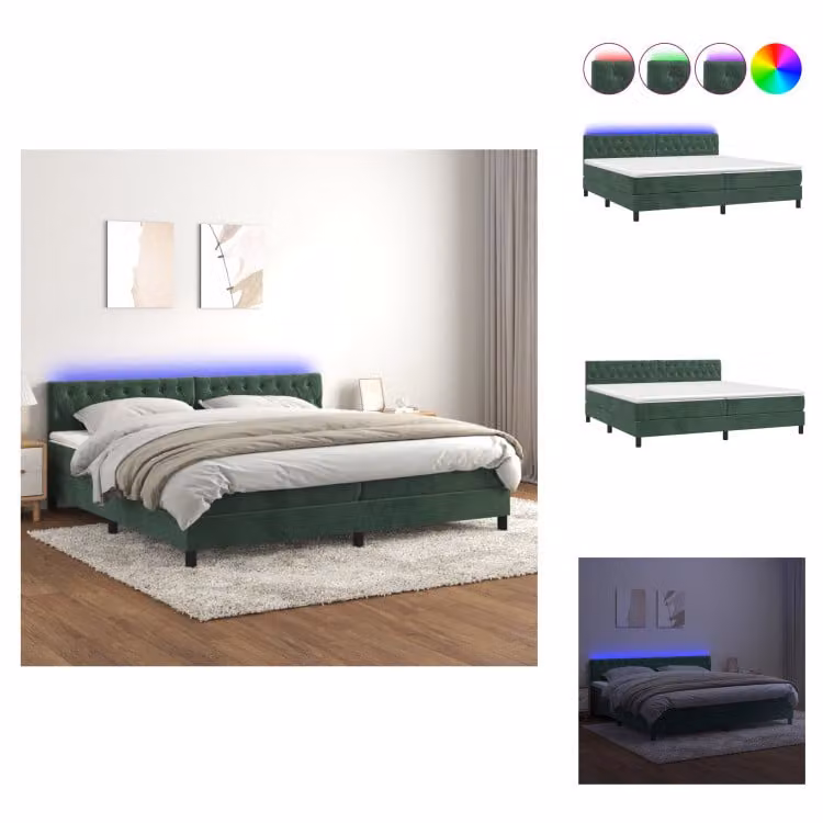vidaXL Letto a molle con materasso e LED in velluto verde scuro 200x200 cm - Letti & strutture letto