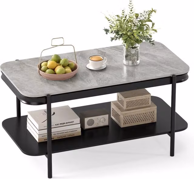 Tavolino da caffè rettangolare moderno con 2 livelli in pietra sinterizzata e metallo, design astratto grigio e nero, L/P/H: 126 x 60 x 45 cm – 1