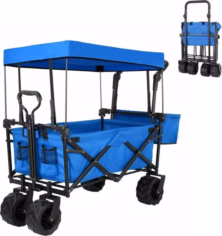 Carrello pieghevole XL – 262 l – Blu – Capacità di carico 115 kg – Carrello da giardino con manico, tettuccio parasole rimovibile e ruote all-terrain