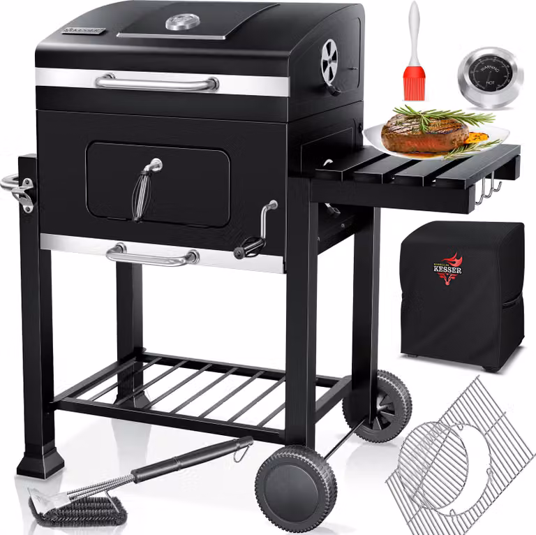 KESSER® Carrello per barbecue XXL, barbecue a carbone con coperchio, ruote, maniglia in acciaio inossidabile, griglia e termometro