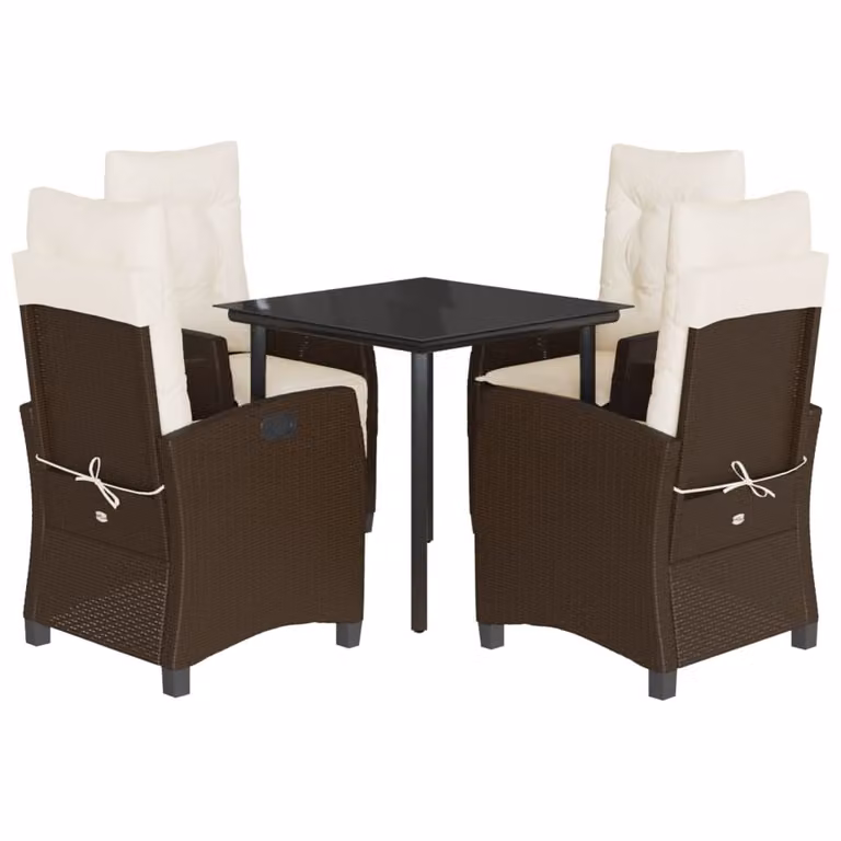 Set da Pranzo da Giardino 5pz con Cuscini in Polyrattan Marrone