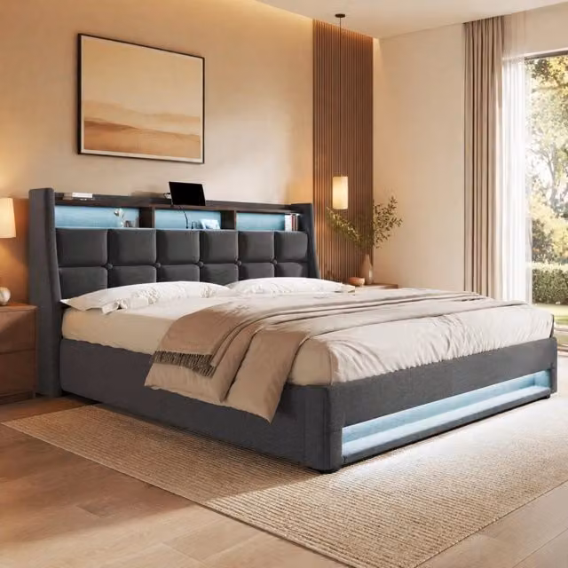 Letto imbottito 160x200 cm con USB e illuminazione LED, struttura in lino, rete a doghe in metallo, senza materasso
