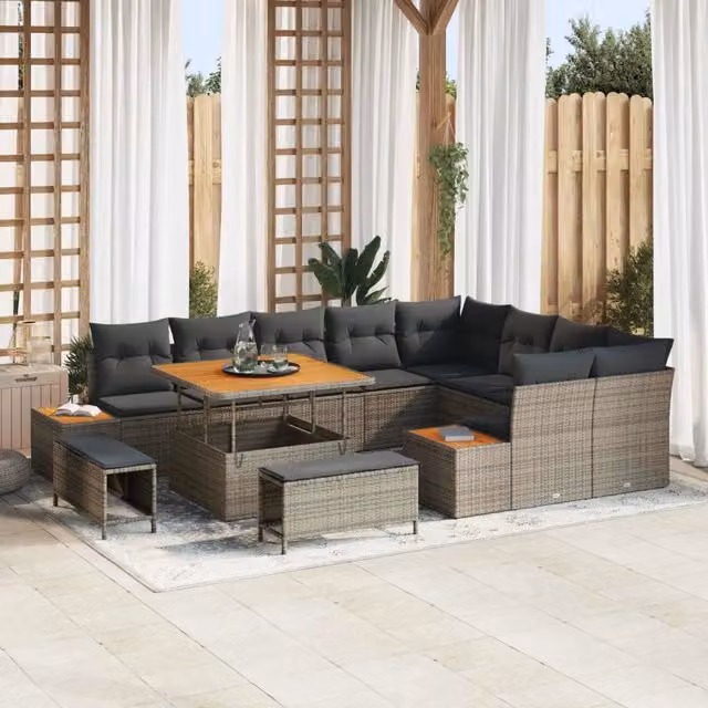 Set Divano da Giardino vidaXL a Forma a U con 11 Posti, Colore Grigio, con Cuscini e Tavolino da Esterno, Struttura in Acciaio Verniciato a Polvere e Dettagli in Legno di Acacia – 1