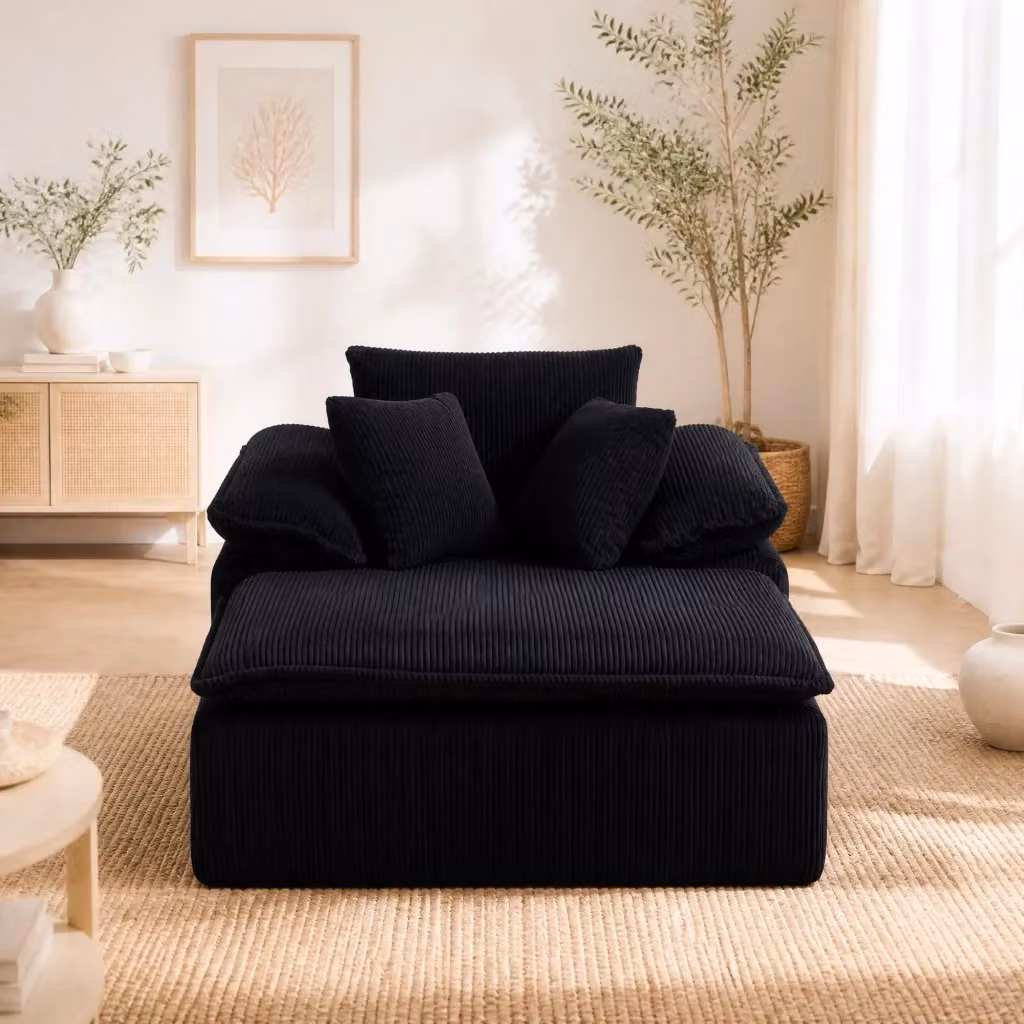 Divano Relax REDOM in velluto a coste nero con cuscini, L: 177 cm, P: 122 cm, H: 92 cm – 2