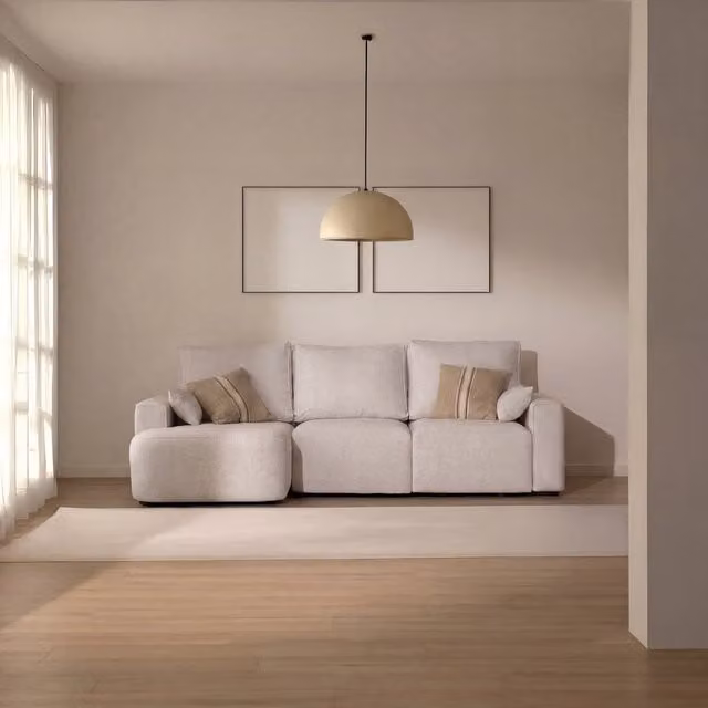 Divano letto angolare Banak a 4 posti con orientamento sinistro, design moderno in tessuto con cuscini coordinati