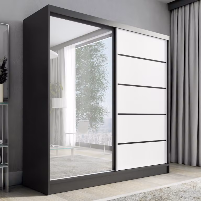 Armadio a porte scorrevoli, a 2 ante con specchio NERO 2 200 cm (nero/bianco)
